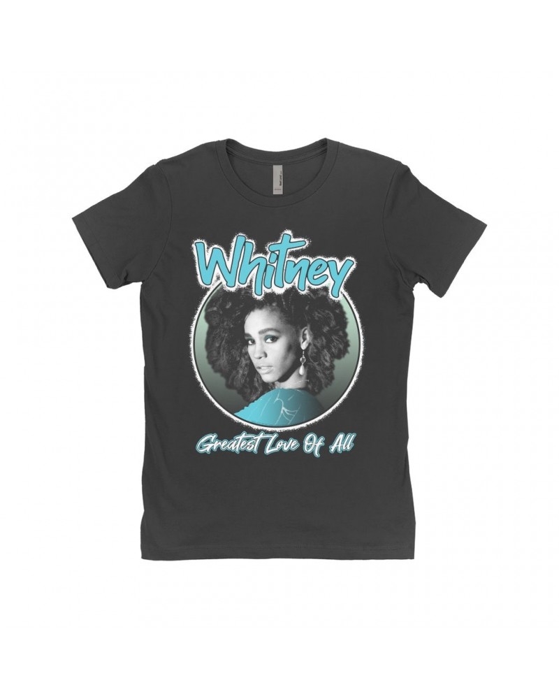 Whitney Houston Ladies' Boyfriend T-Shirt | Turquoise Greatest Love Of All Album Design Shirt $8.39 Shirts